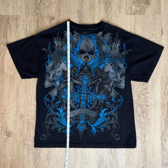 MMA Elite Graphic T-Shirt Skulls Cross Black Blue Print Size Large Cotton - Picture 5 of 5
